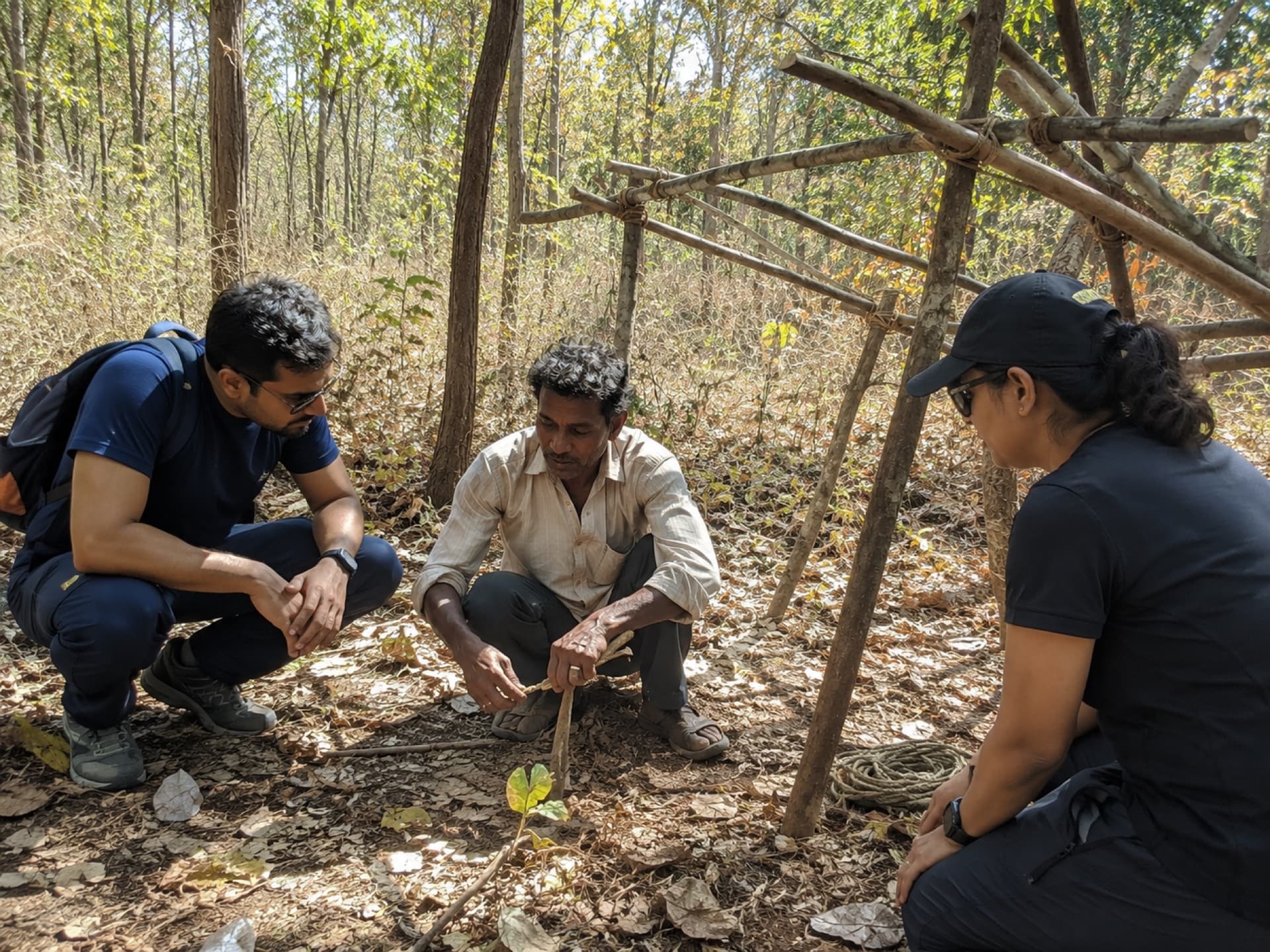 A guide shows two visitors how to lash branches for a forest shelter