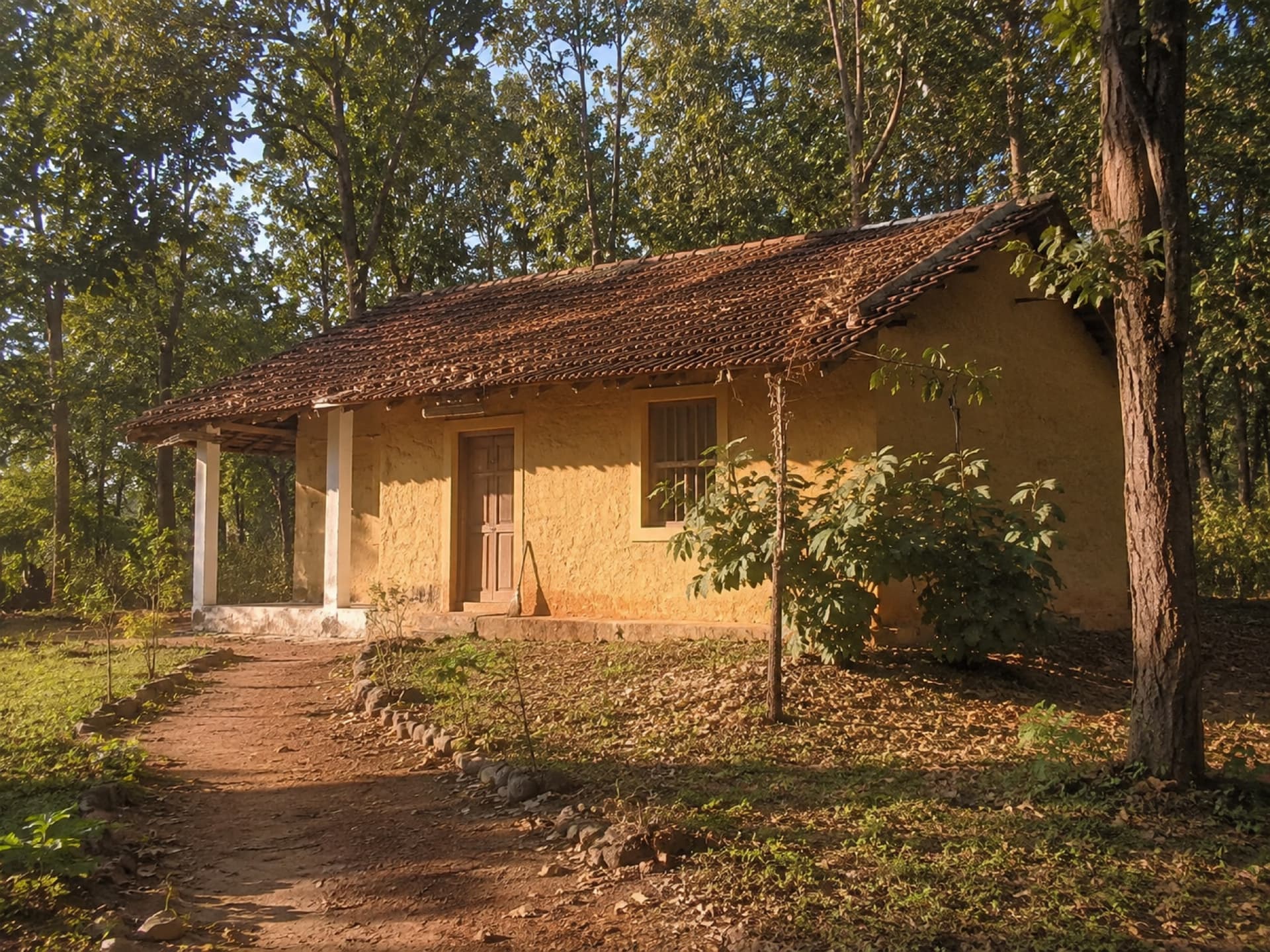 A clay-tiled cottage with earthen ochre walls on a swept red-earth path among forest trees